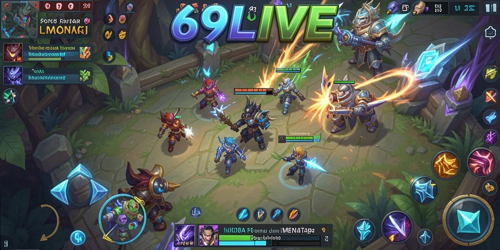 Screenshot gameplay 69LIVE menampilkan aksi seru antar pemain MOBA.