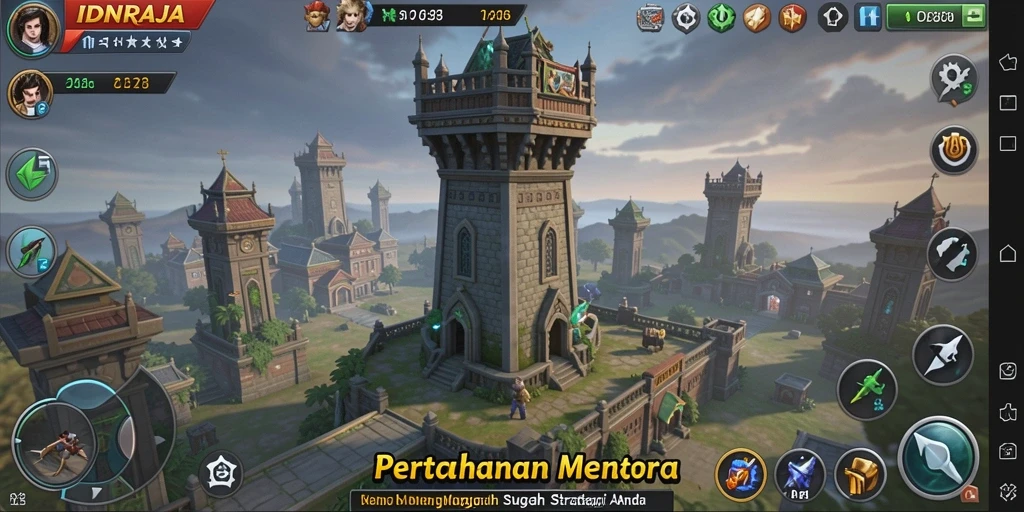 Tampilan gameplay <strong>IDNRAJA</strong> yang memukau dalam Pertahanan Menara.