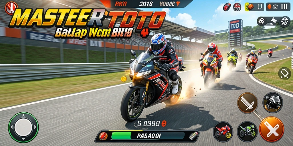 Tampilan gameplay mendebarkan dalam MASTERTOTO dengan balapan motor cepat.