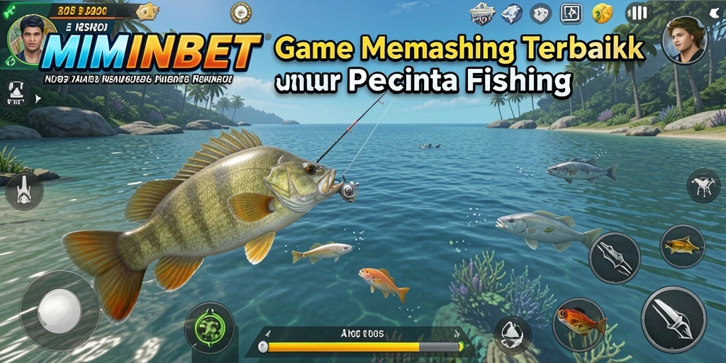 Tangkapan screenshot gameplay MIMINBET dengan lokasi memancing yang indah.