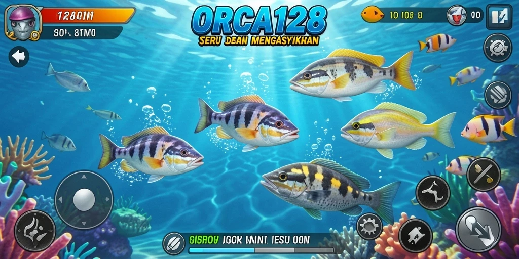 Tangkapan layar gameplay ORCA128 menampilkan keseruan berburu ikan.