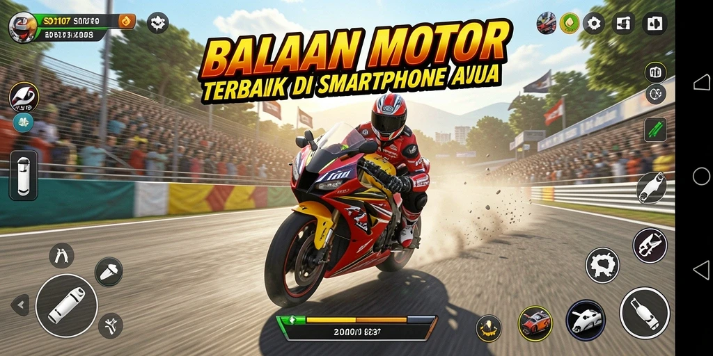 Screenshot gameplay SD107 menampilkan aksi balapan motor yang seru.