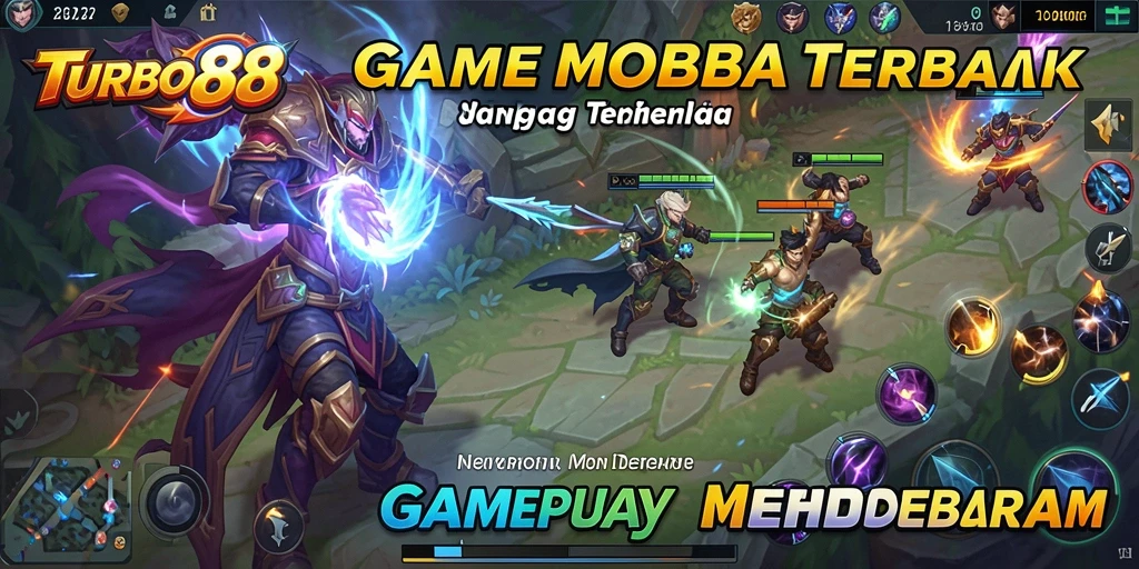 Tampak aksi seru di TURBO88 dengan karakter bertarung di arena MOBA.